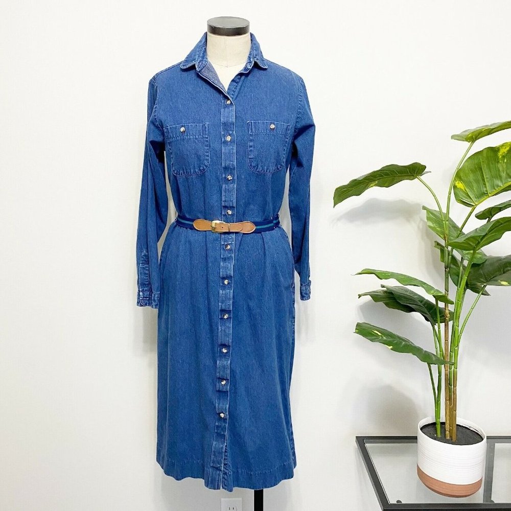 Vintage LL Bean Denim Jean Shirt Dress 10 Dark Wash Blue Belted Button Front